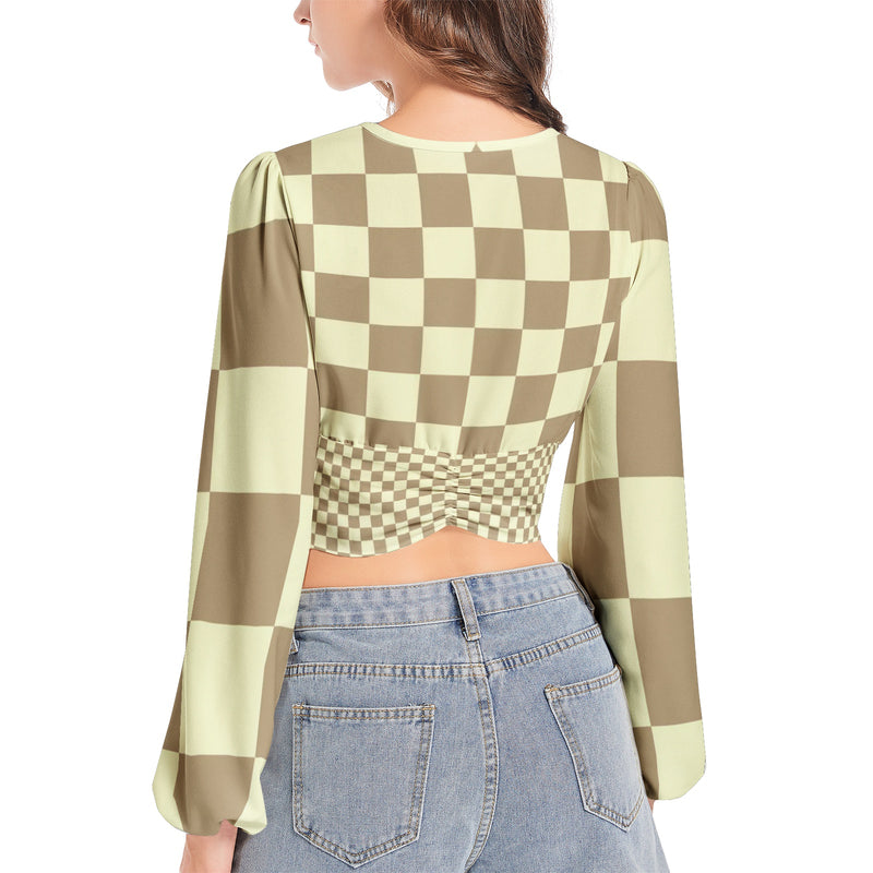 Women's Deep V-Neck Lantern Sleeve Crop Top - Objet D'Art