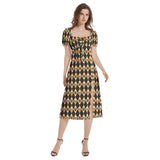 Harlequin Skulls Puff Sleeve Split Thigh Midi Dress - Objet D'Art