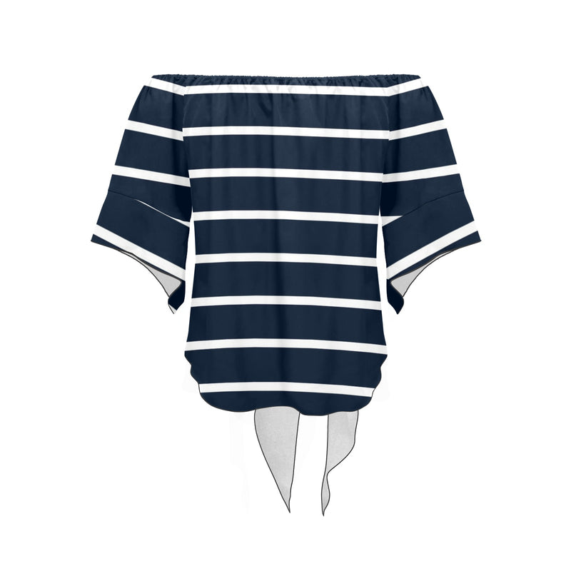 dk blue striped print 2 A B Off Shoulder Knot Front Blouse (Model T71) - Objet D'Art