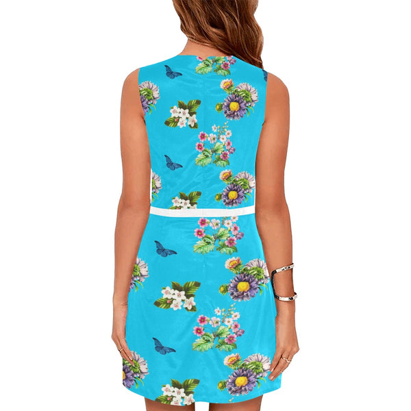 light blue floral print 4 Eos Women's Sleeveless Dress (Model D01) - Objet D'Art