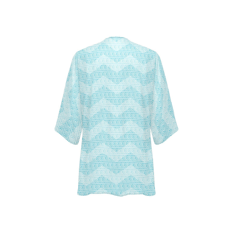 greek key chevron light blue print 2 Women's Kimono Chiffon Cover Up (Model H51) - Objet D'Art