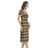 Harlequin Skulls Puff Sleeve Split Thigh Midi Dress - Objet D'Art