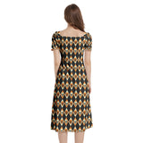 Harlequin Skulls Puff Sleeve Split Thigh Midi Dress - Objet D'Art