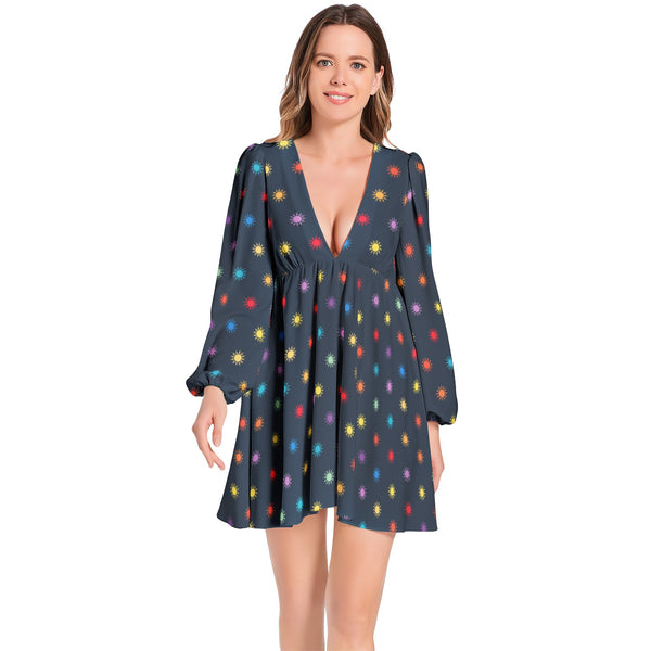 Suns of the Universe Lantern Sleeve Deep V-Neck Short Dress - Objet D'Art