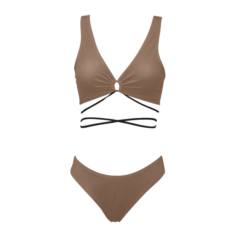 mocha solid print 2 Cross String Bikini Set (Model S29) - Objet D'Art
