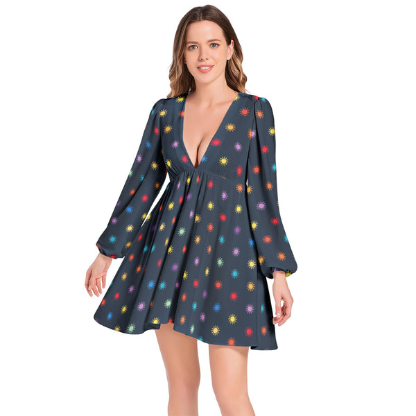 Suns of the Universe Lantern Sleeve Deep V-Neck Short Dress - Objet D'Art