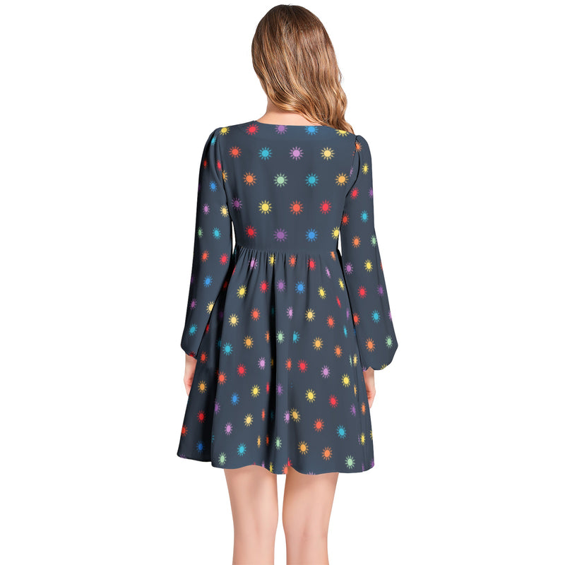 Suns of the Universe Lantern Sleeve Deep V-Neck Short Dress - Objet D'Art