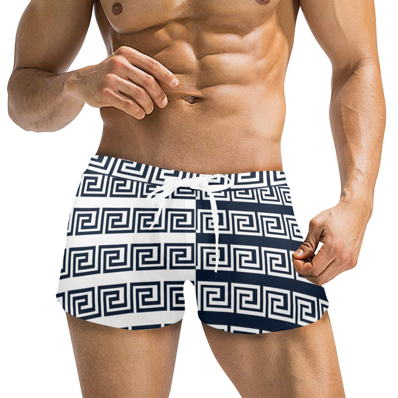 white on blue greek key print Men's Swim Trunks with Zipper Pocket (Model L71) - Objet D'Art