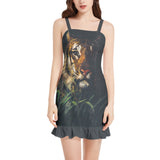 Tiger Head Sleeveless Square Neck Ruffle Hem Mini Dress - Objet D'Art