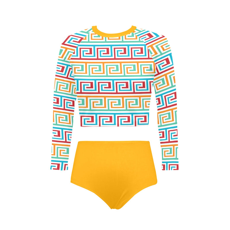 saffron print solid 2 Long Sleeve Bikini Set (Model S27) - Objet D'Art
