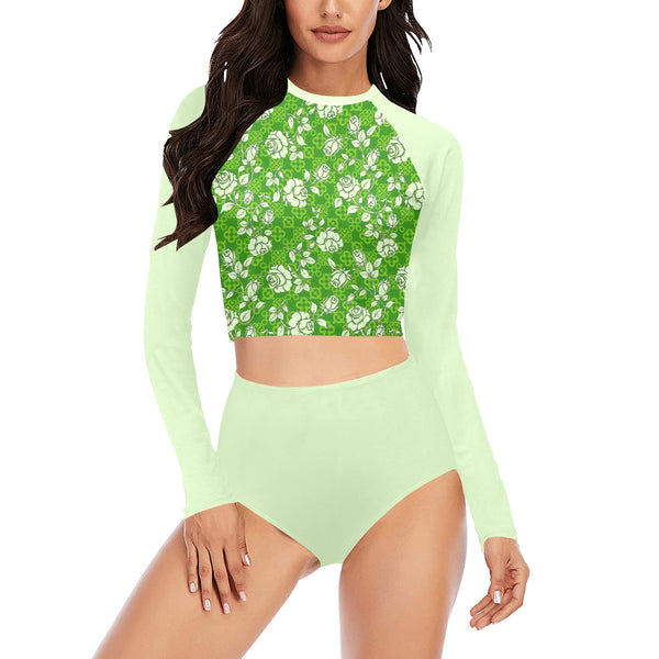 avocado spread solid print Long Sleeve Bikini Set (Model S27) - Objet D'Art