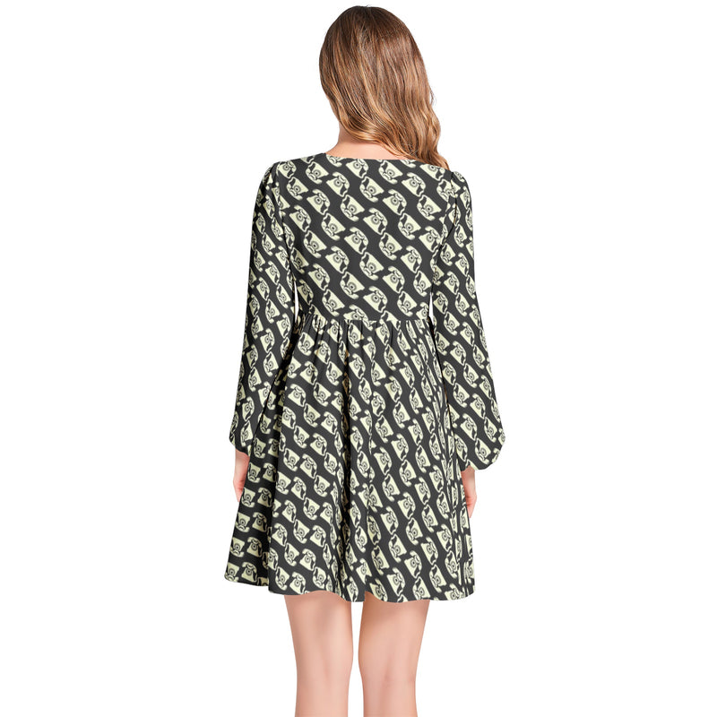 The Answer Lantern Sleeve Deep V-Neck Short Dress - Objet D'Art