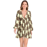 Checkered Lantern Sleeve Deep V-Neck Short Dress - Objet D'Art