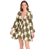 Checkered Lantern Sleeve Deep V-Neck Short Dress - Objet D'Art