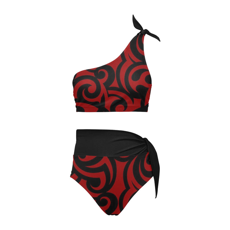 black solid print skirt High Waisted One Shoulder Bikini Set (Model S16) - Objet D'Art