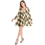 Checkered Lantern Sleeve Deep V-Neck Short Dress - Objet D'Art
