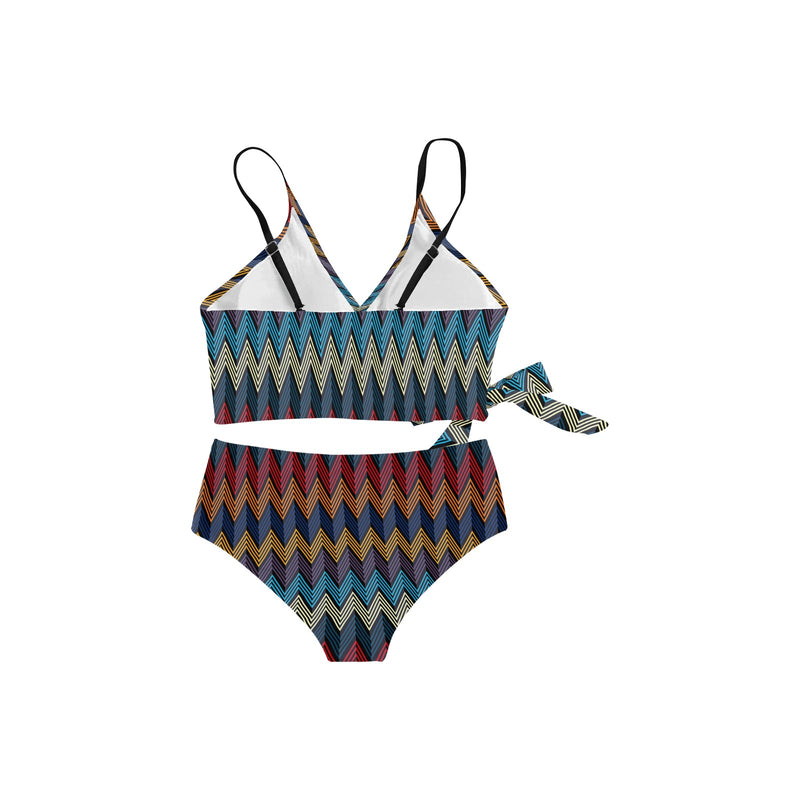 waves colored print 5 Knot Side Bikini Swimsuit (Model S37) - Objet D'Art
