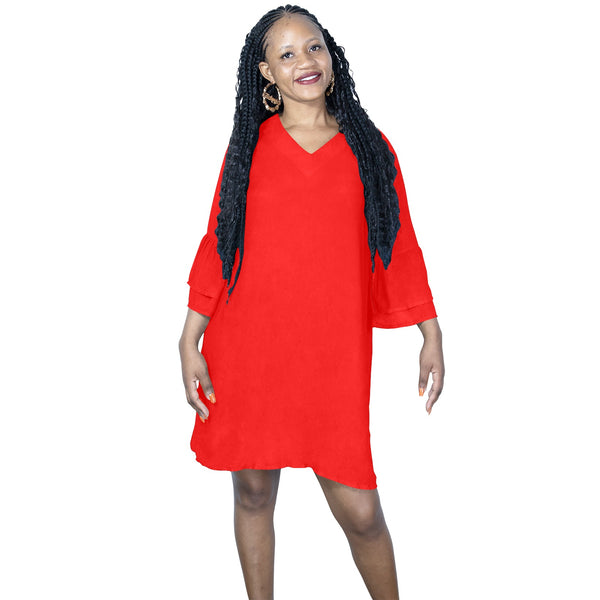 pure red print Half Sleeves V-Neck Mini Dress (Model D63) - Objet D'Art