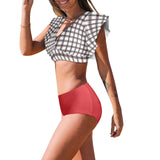 grid red gray print 2 Women's Ruffle Sleeve Bikini Swimsuit (Model S42) - Objet D'Art