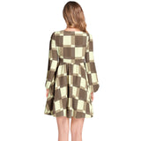 Checkered Lantern Sleeve Deep V-Neck Short Dress - Objet D'Art