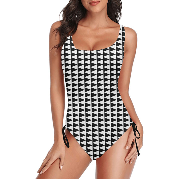 blk triangles right print Drawstring Side One-Piece Swimsuit (Model S14) - Objet D'Art