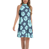 Hibiscus Blue Houndstooth Tie Back Halter Neck Flared Dress - Objet D'Art