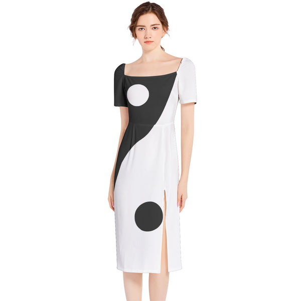 Yin and Yang Split Thigh Midi Bodycon Dress - Objet D'Art