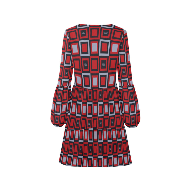 red gray crown chess queen print V-Neck Loose Fit Dress (Model D62) - Objet D'Art