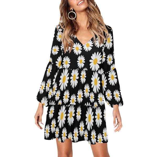 daisies at midnight V-Neck Loose Fit Dress (Model D62) - Objet D'Art