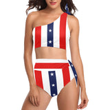 stars and stripes striped print 3 High Waisted One Shoulder Bikini Set (Model S16) - Objet D'Art