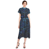 Ink Pool Drawstring Waist A-line Flared Midi Dress - Objet D'Art