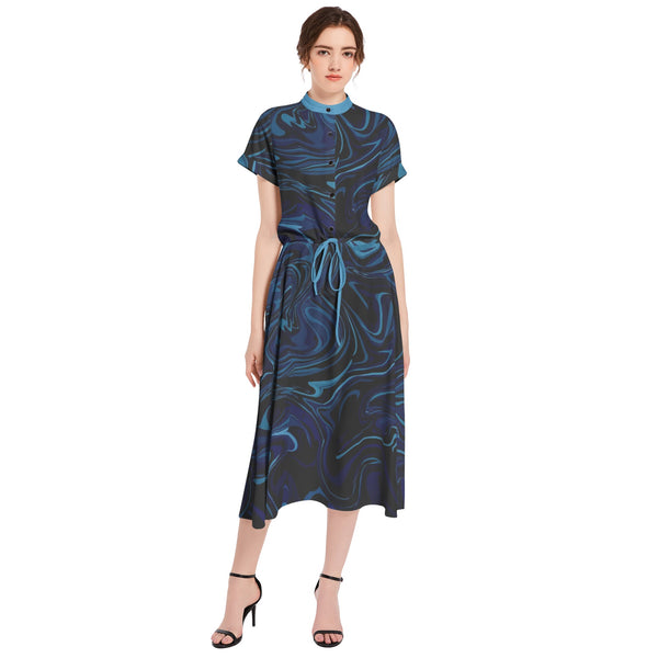Ink Pool Drawstring Waist A-line Flared Midi Dress - Objet D'Art