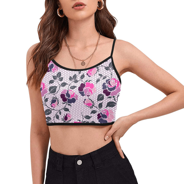 ROSE MULTICOLORED GRAY PINK PRINT 5 Women's Spaghetti Strap Crop Top (Model T67) - Objet D'Art