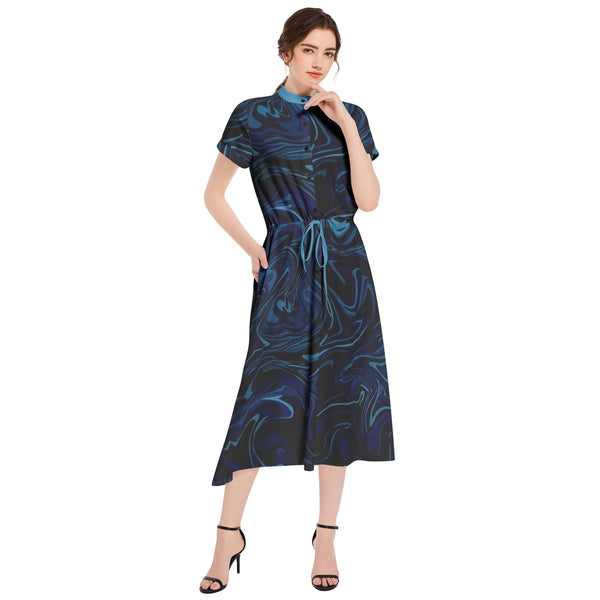 Ink Pool Drawstring Waist A-line Flared Midi Dress - Objet D'Art
