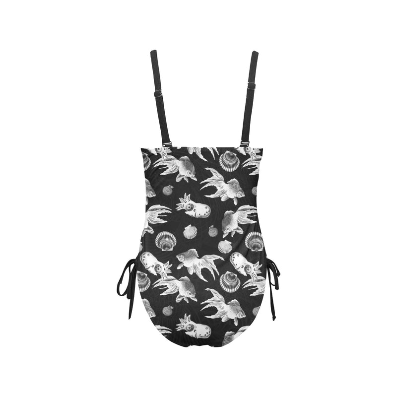 aquatic life bw print Drawstring Side One-Piece Swimsuit (Model S14) - Objet D'Art