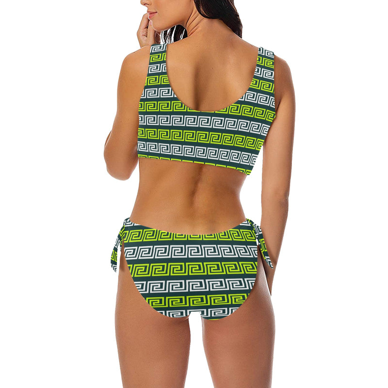 neon green greek print 3 Bow Tie Front Bikini Swimsuit (Model S38) - Objet D'Art