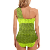 neon and dark green greek key print Women's One Shoulder Backless Swimsuit (Model S44) - Objet D'Art