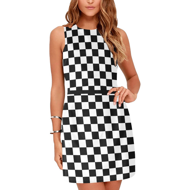 bw check print 2 Eos Women's Sleeveless Dress (Model D01) - Objet D'Art