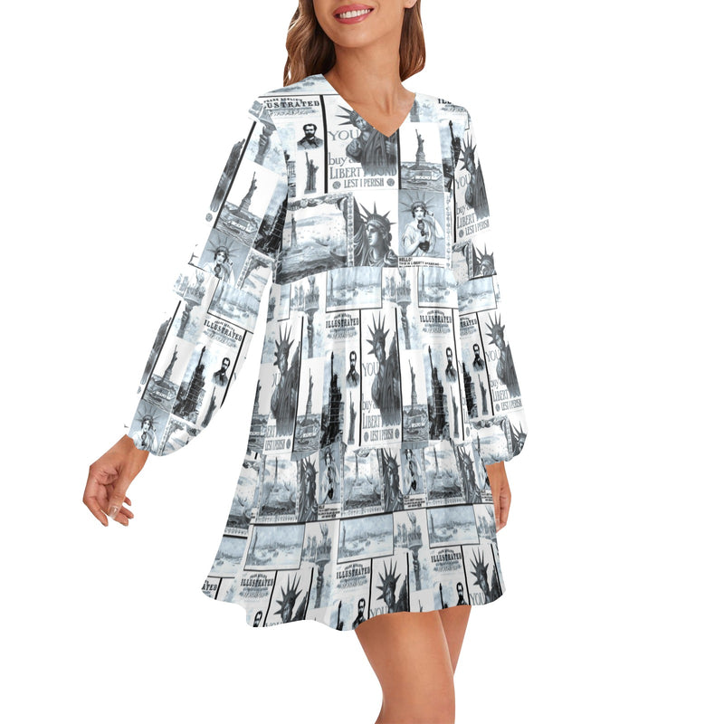 selenium lady liberty print 6 V-Neck Loose Fit Dress (Model D66) - Objet D'Art