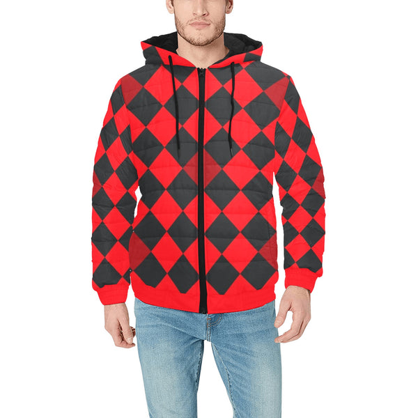 flaming red solid print Men's Padded Hooded Jacket (Model H42) - Objet D'Art
