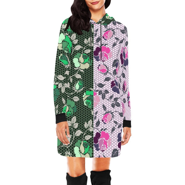green rose print 2 All Over Print Hoodie Mini Dress (Model H27) - Objet D'Art