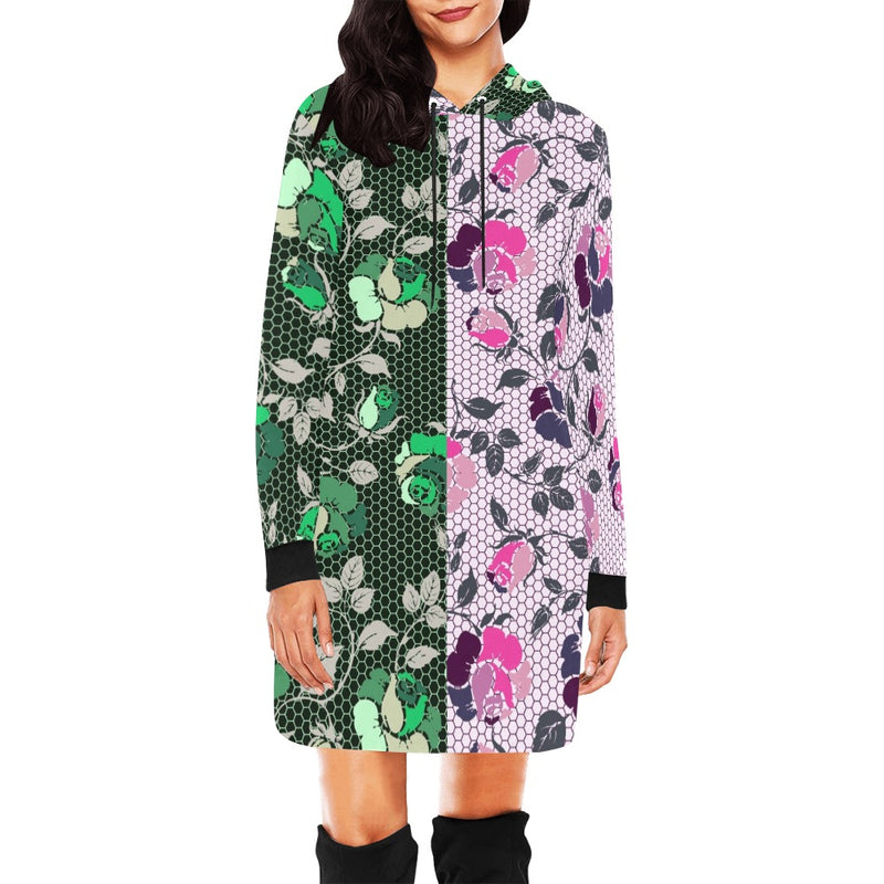 green rose print 2 All Over Print Hoodie Mini Dress (Model H27) - Objet D'Art