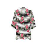 thin bw stripes roses red print 2 Women's Kimono Chiffon Cover Up (Model H51) - Objet D'Art