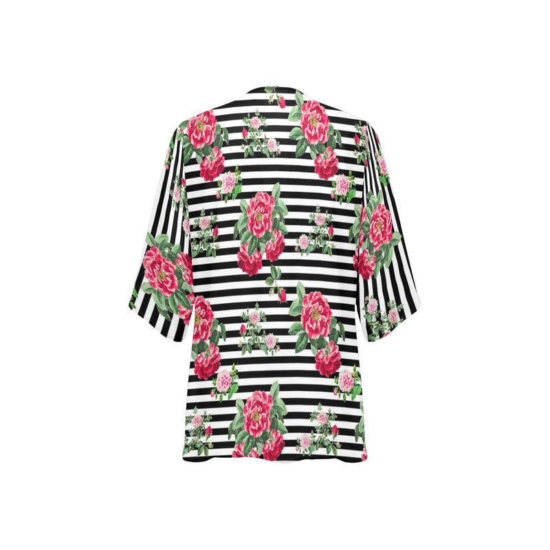 thin bw stripes roses red print 2 Women's Kimono Chiffon Cover Up (Model H51) - Objet D'Art