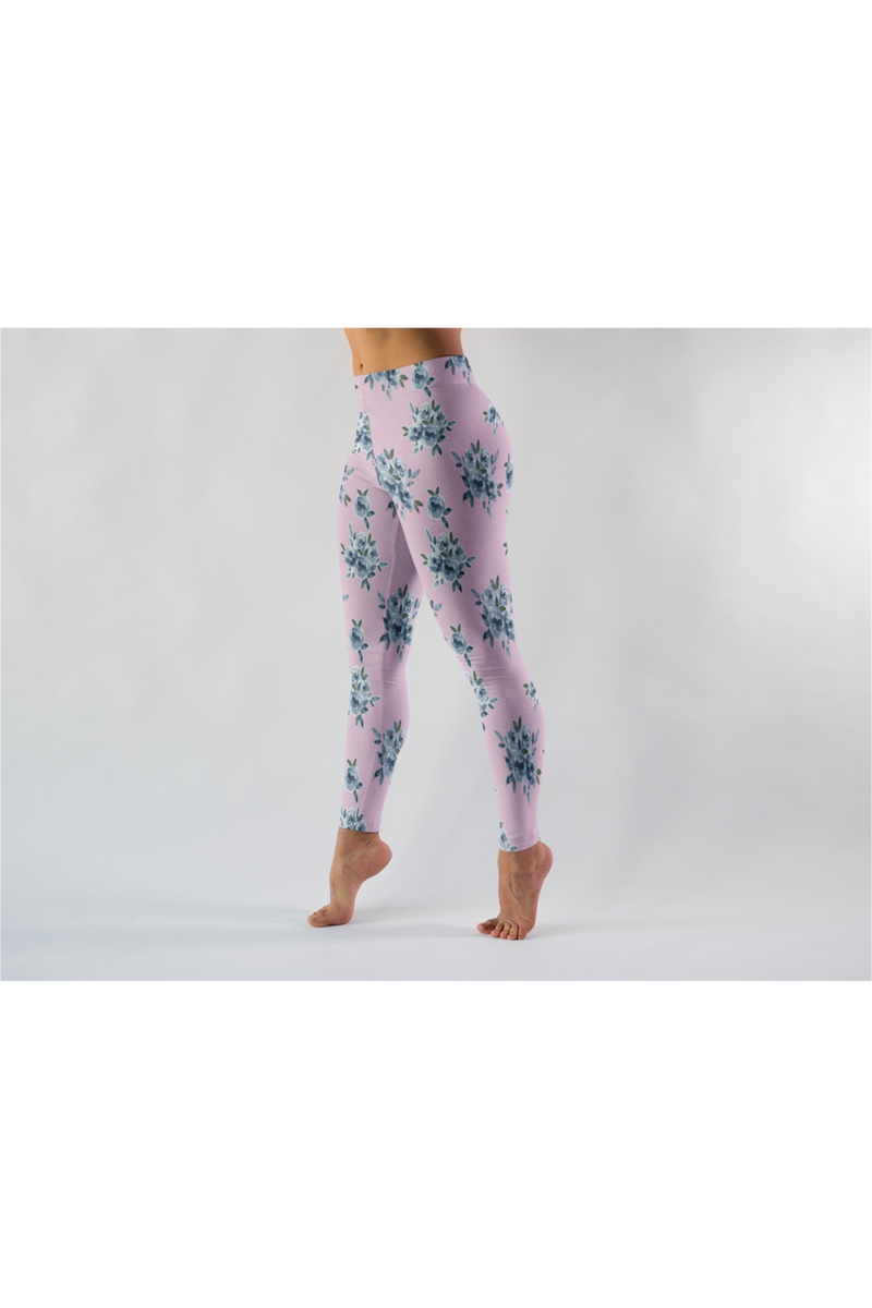 Blue Floral On Pressed Rose Premium Leggings - Objet D'Art