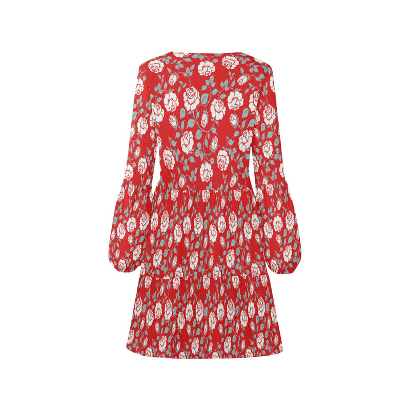 white rose red hex background print 2 V-Neck Loose Fit Dress (Model D62) - Objet D'Art