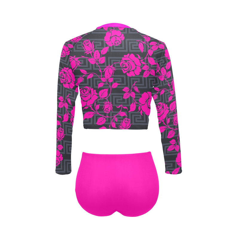 fuchsia print solid Long Sleeve Bikini Set (Model S27) - Objet D'Art