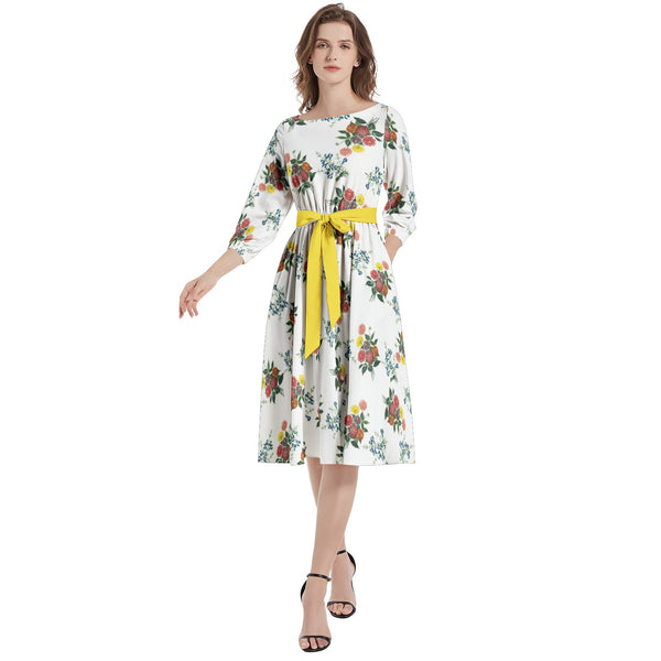 M Kemp Dahlia Boat Neck Belted Flared Dress - Objet D'Art