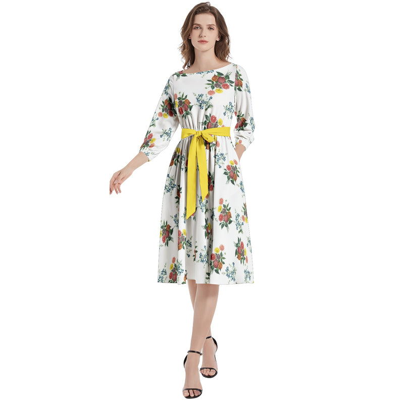 M Kemp Dahlia Boat Neck Belted Flared Dress - Objet D'Art