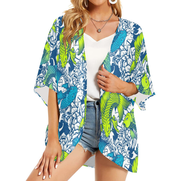 pisces neon green blue ombre print Women's Kimono Chiffon Cover Up (Model H51) - Objet D'Art